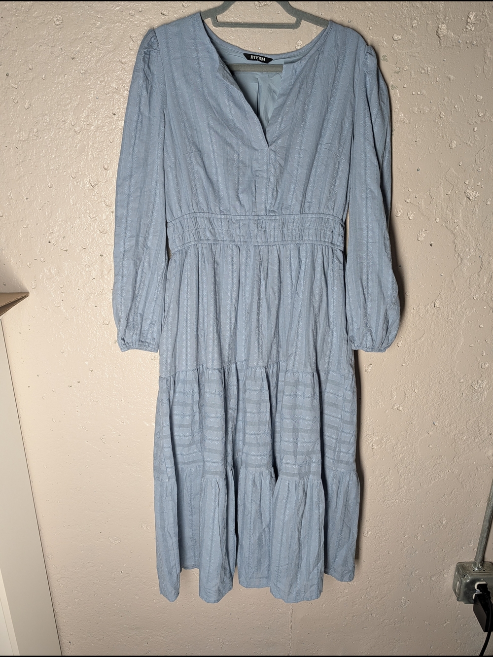 Blue Prairie Cottagecore Midi Dress Cotton Textured Smocked Waist